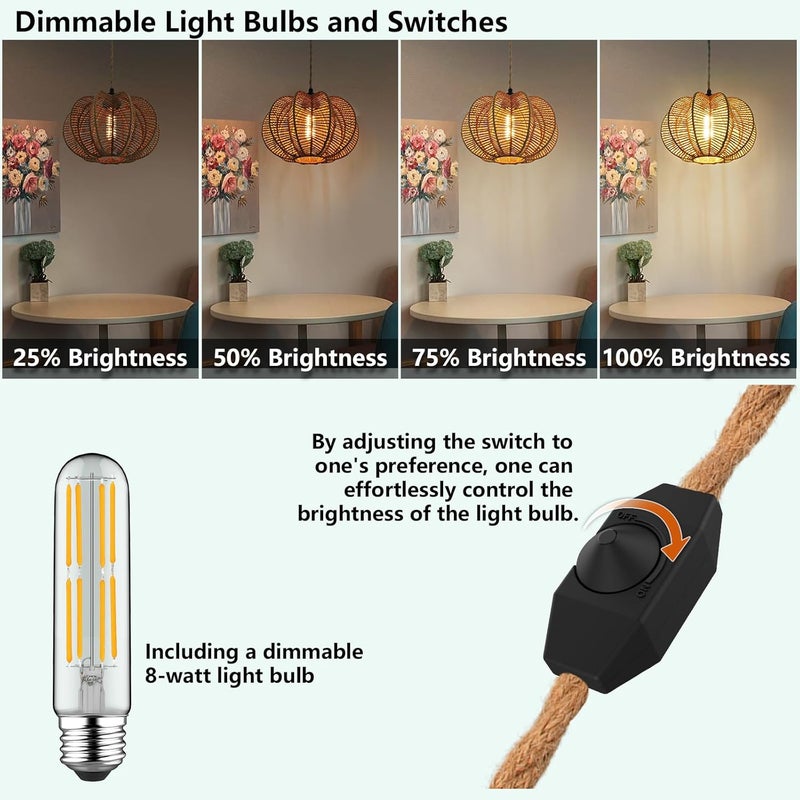 tebio Plug in Pendant Light Rattan Hanging Lights with Plug in Cord 15FT Hemp Rope Cord, Dimmable Switch – Indoor Hanging Lamps for Boho Living Room Bedroom（Bulb Included） 11 x 7 inch - Image 3